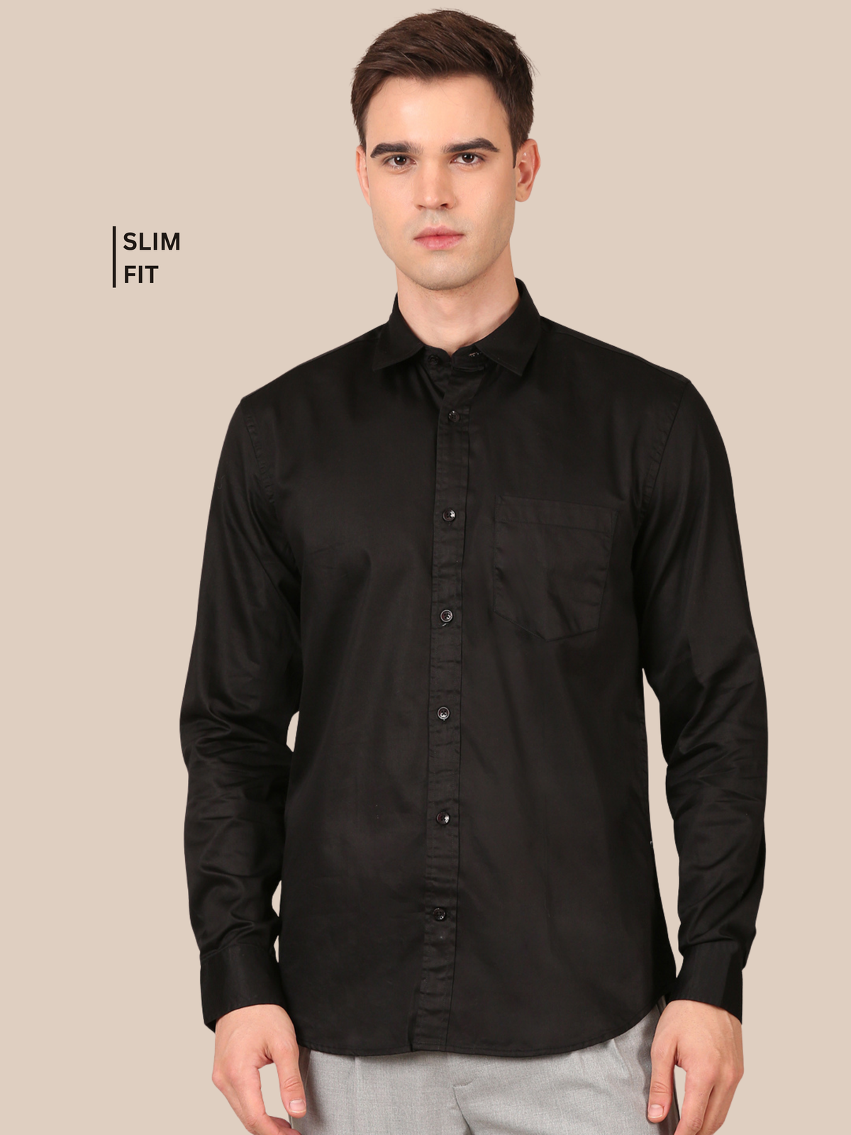 Cotton Satin Solid Shirt: Black