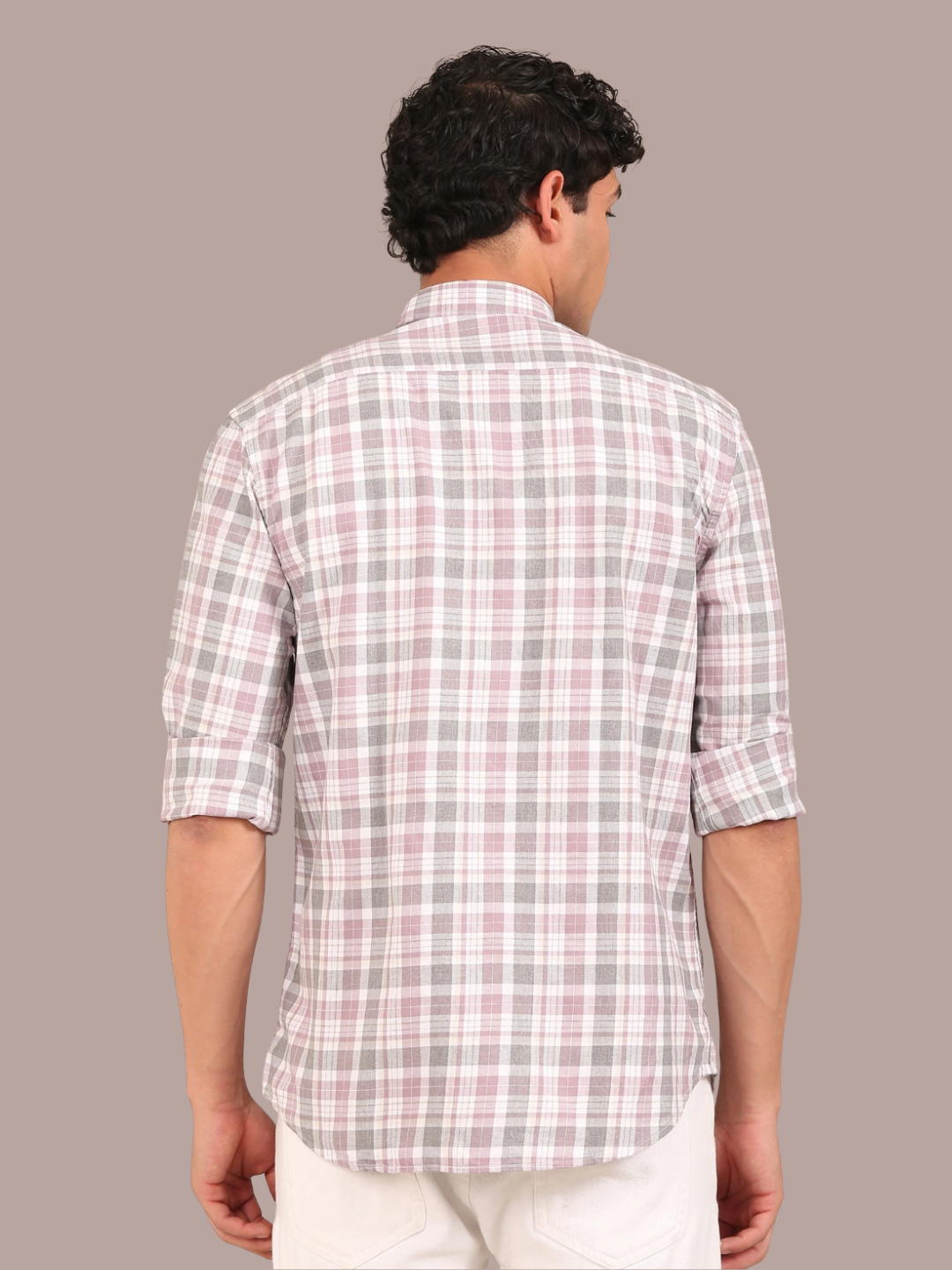 Cotton Melange Twill Checks Shirt: Dusty Rose & Grey