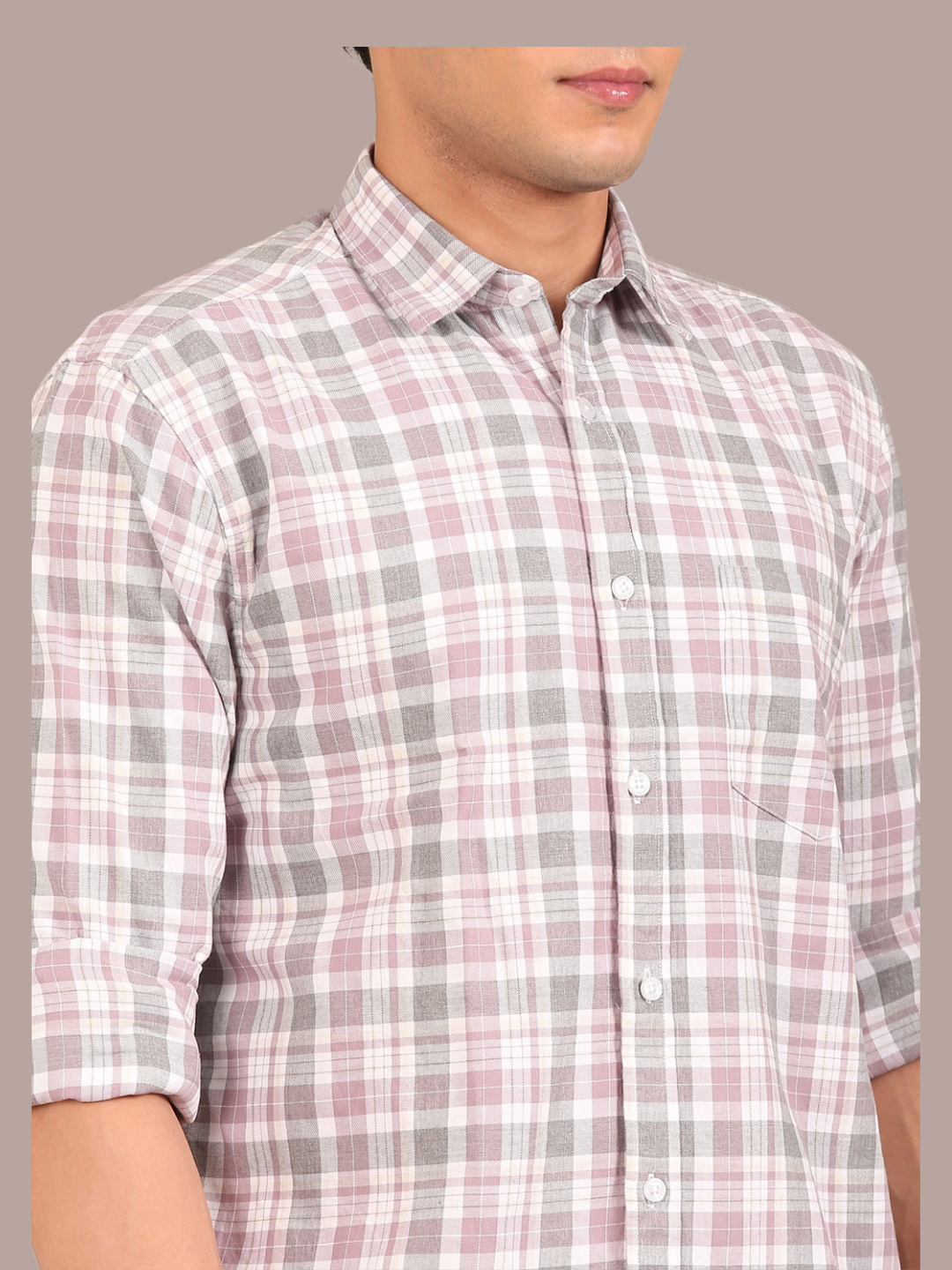 Cotton Melange Twill Checks Shirt: Dusty Rose & Grey