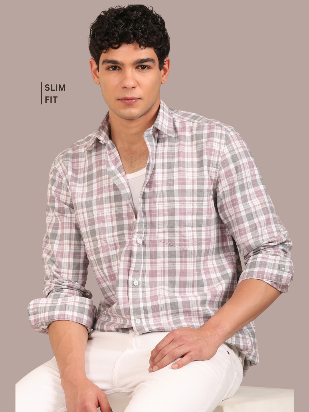 Cotton Melange Twill Checks Shirt: Dusty Rose & Grey