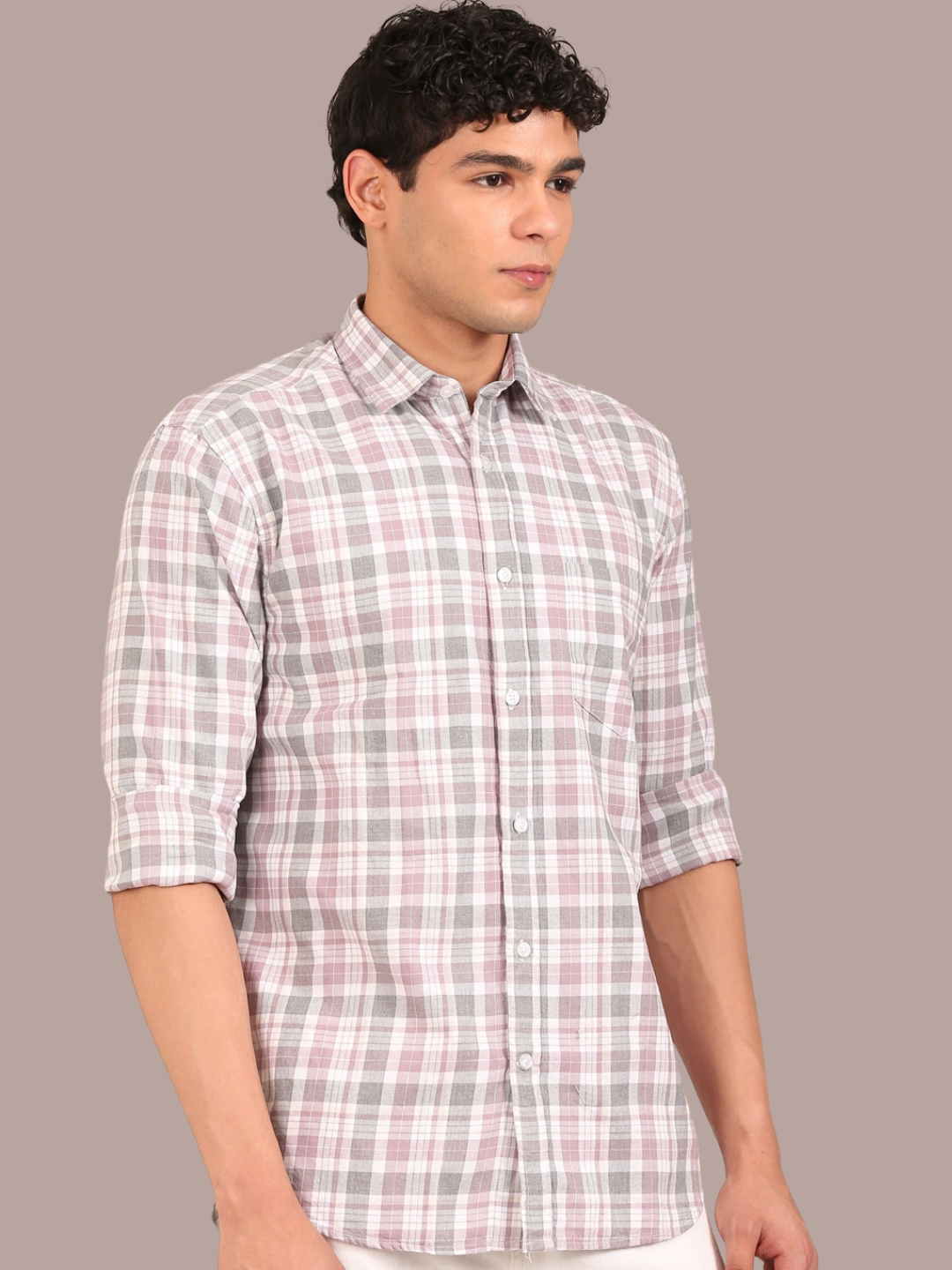 Cotton Melange Twill Checks Shirt: Dusty Rose & Grey