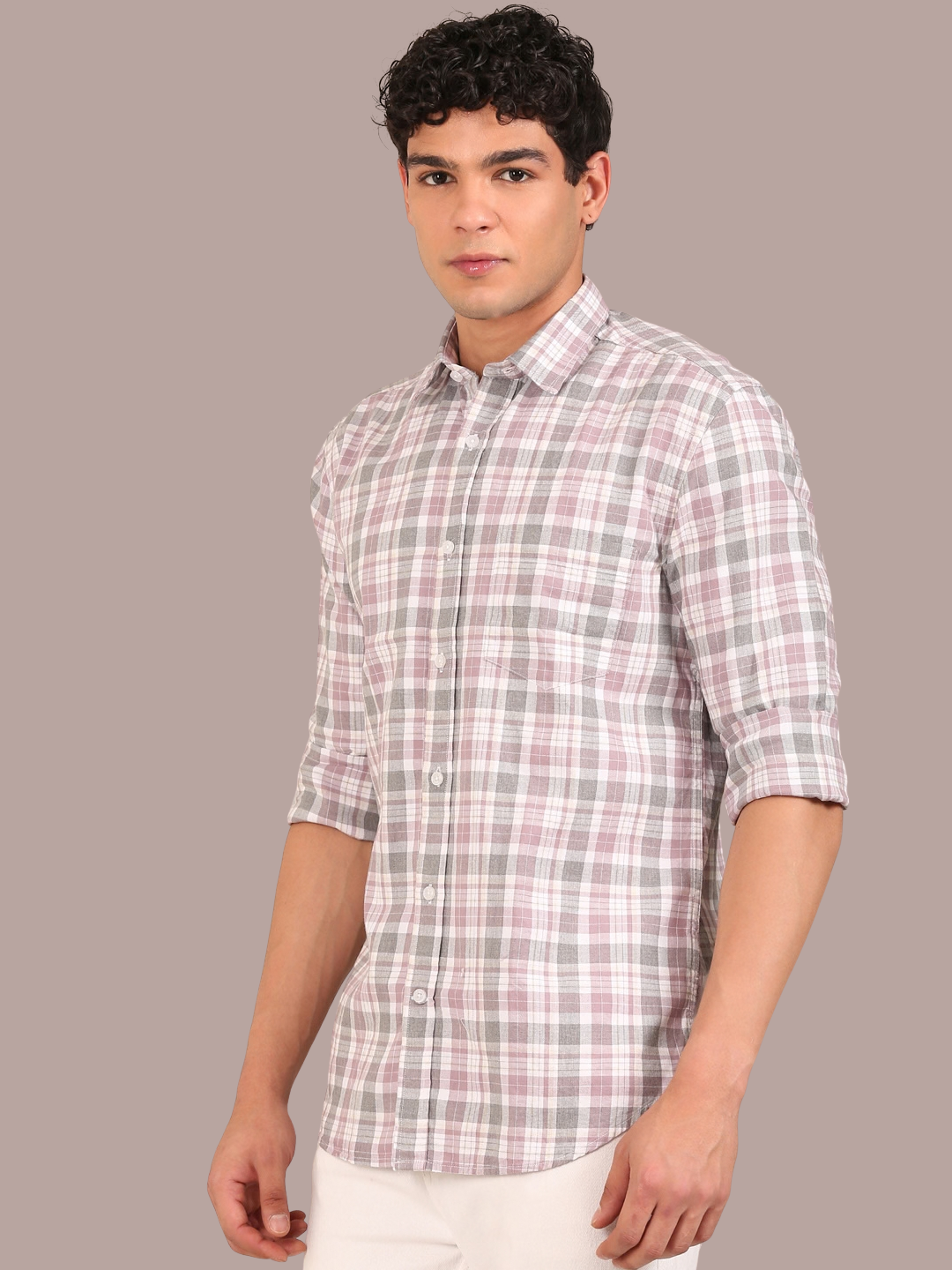 Cotton Melange Twill Checks Shirt: Dusty Rose & Grey