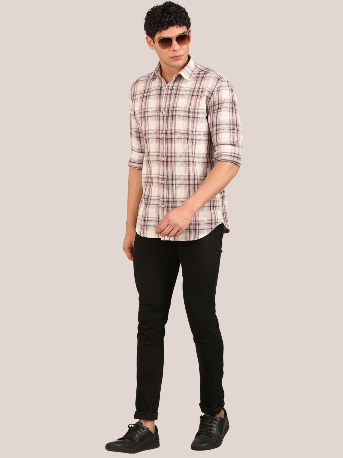 Cotton Dobby Shirt: Dusty Rose & Cream