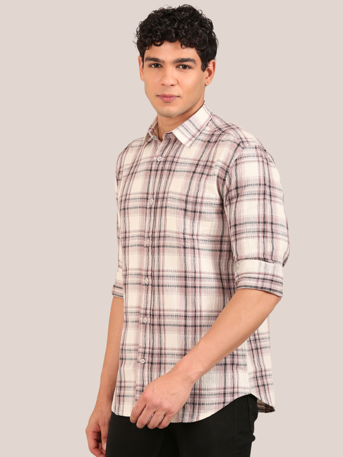 Cotton Dobby Shirt: Dusty Rose & Cream