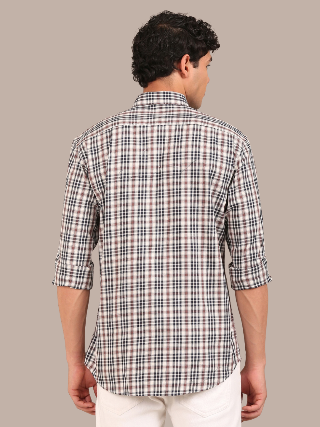 Cotton Giza Twill Checks Shirt: Navy & Brown