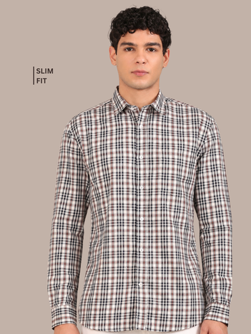 Cotton Giza Twill Checks Shirt: Navy & Brown