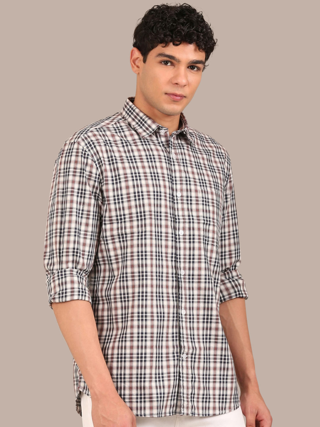 Cotton Giza Twill Checks Shirt: Navy & Brown