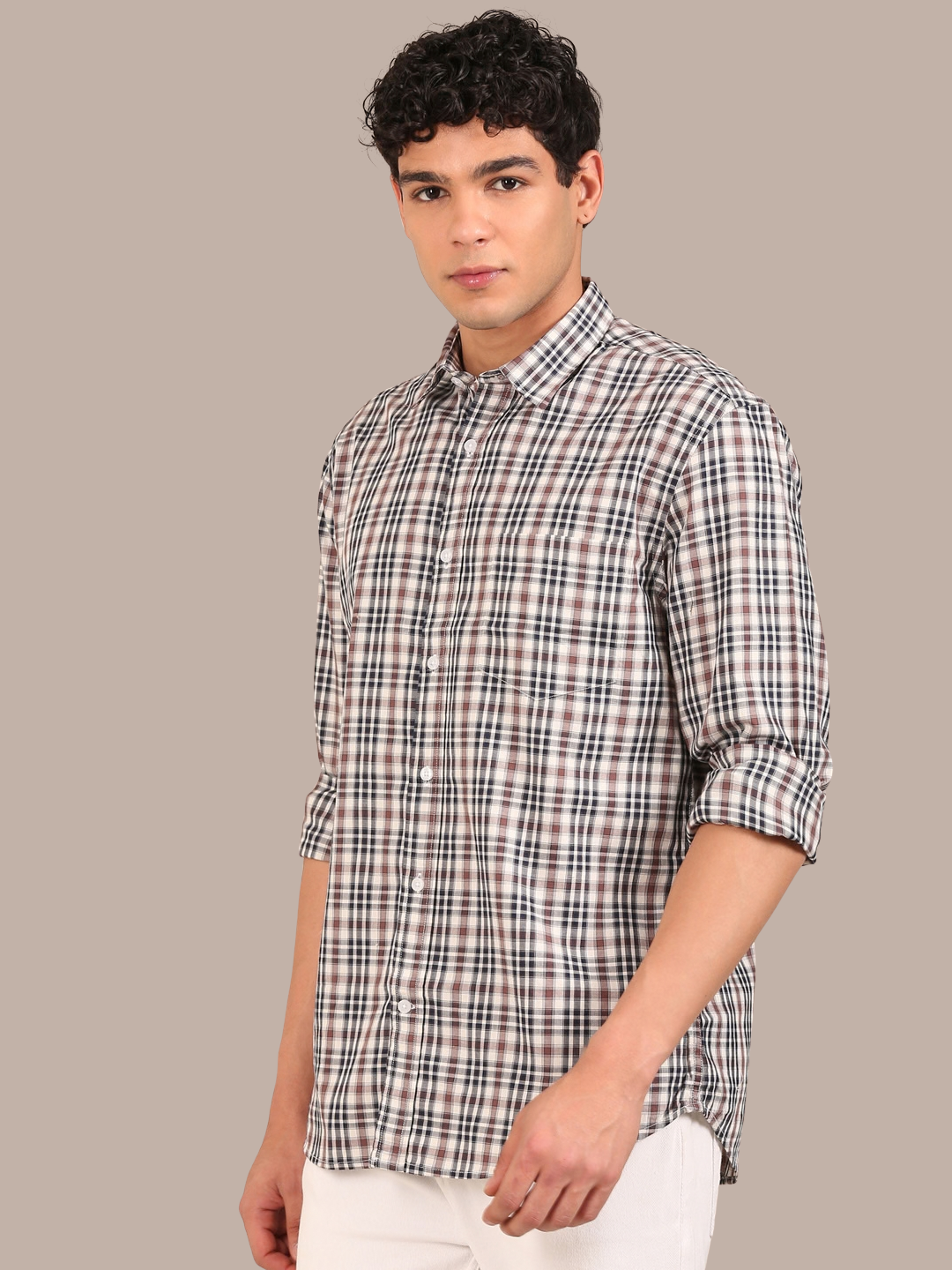 Cotton Giza Twill Checks Shirt: Navy & Brown