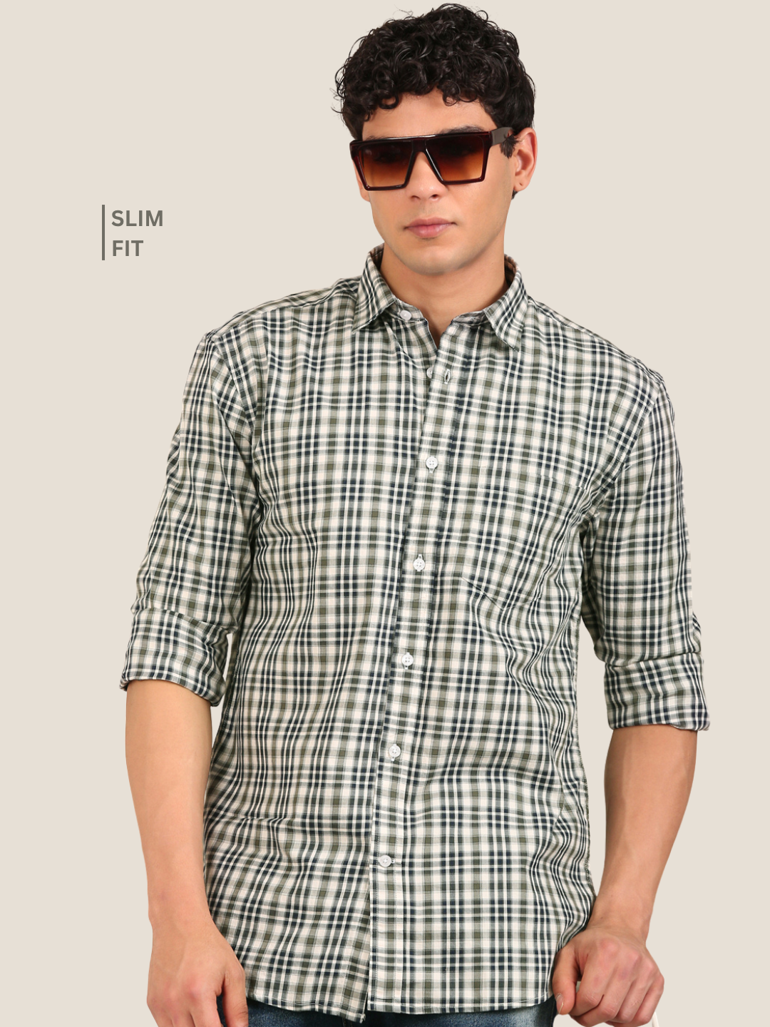 Cotton Giza Twill Checks Shirt: Olive & Navy