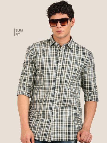 Cotton Giza Twill Checks Shirt: Olive & Navy