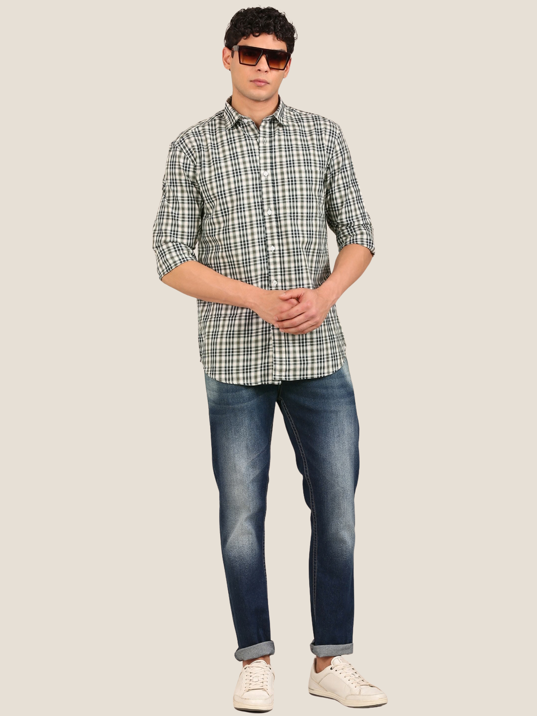 Cotton Giza Twill Checks Shirt: Olive & Navy