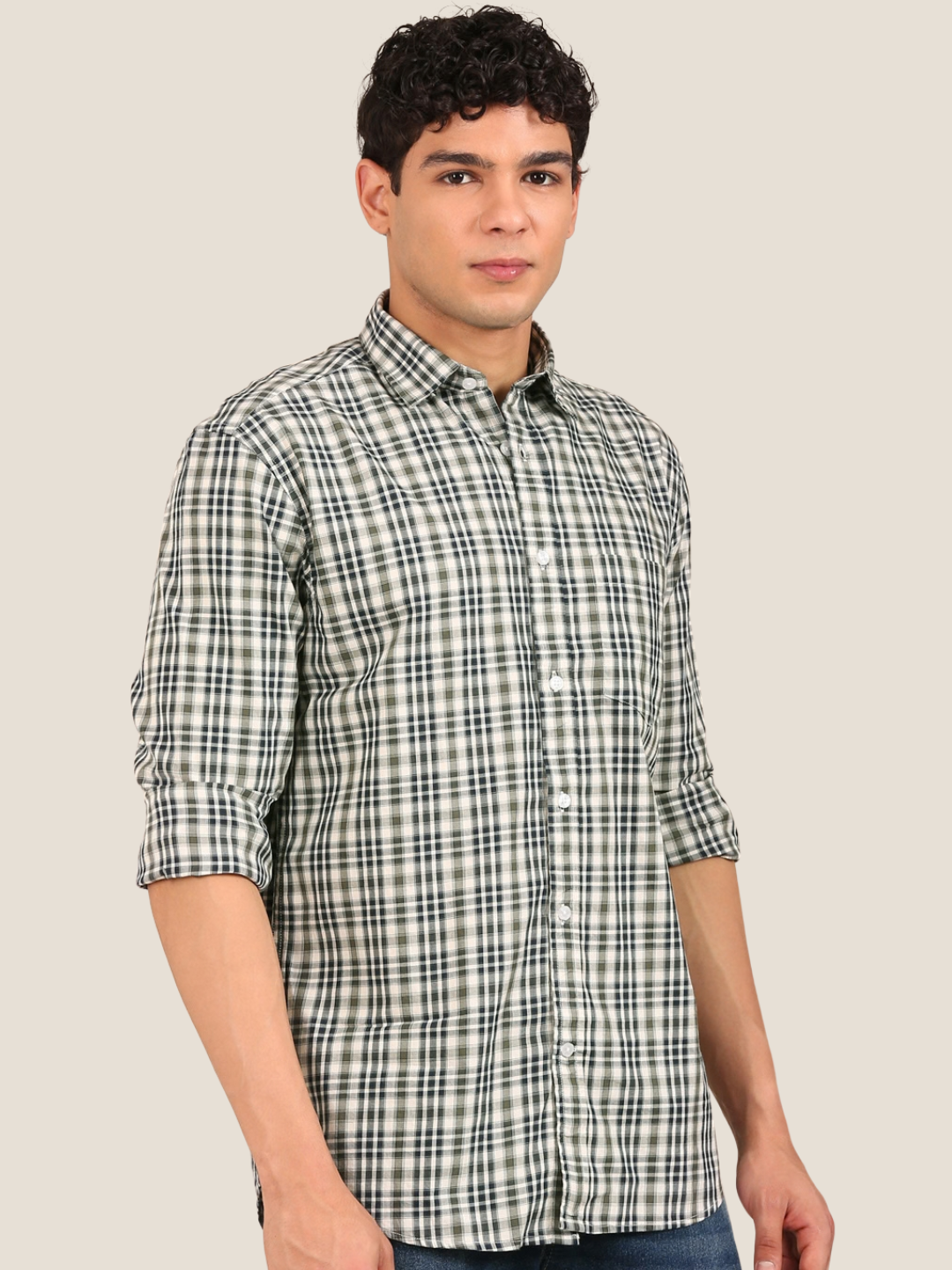 Cotton Giza Twill Checks Shirt: Olive & Navy