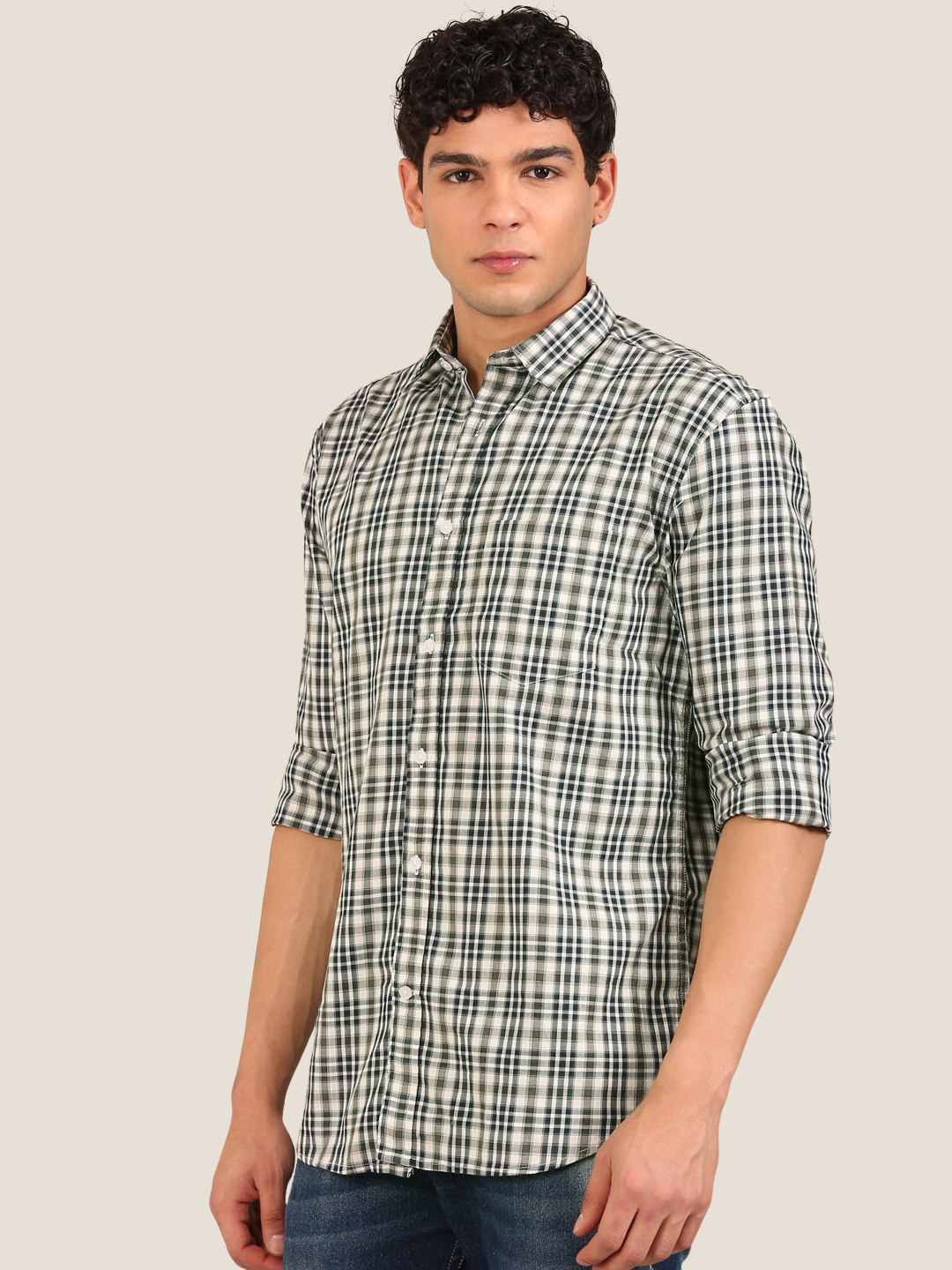 Cotton Giza Twill Checks Shirt: Olive & Navy