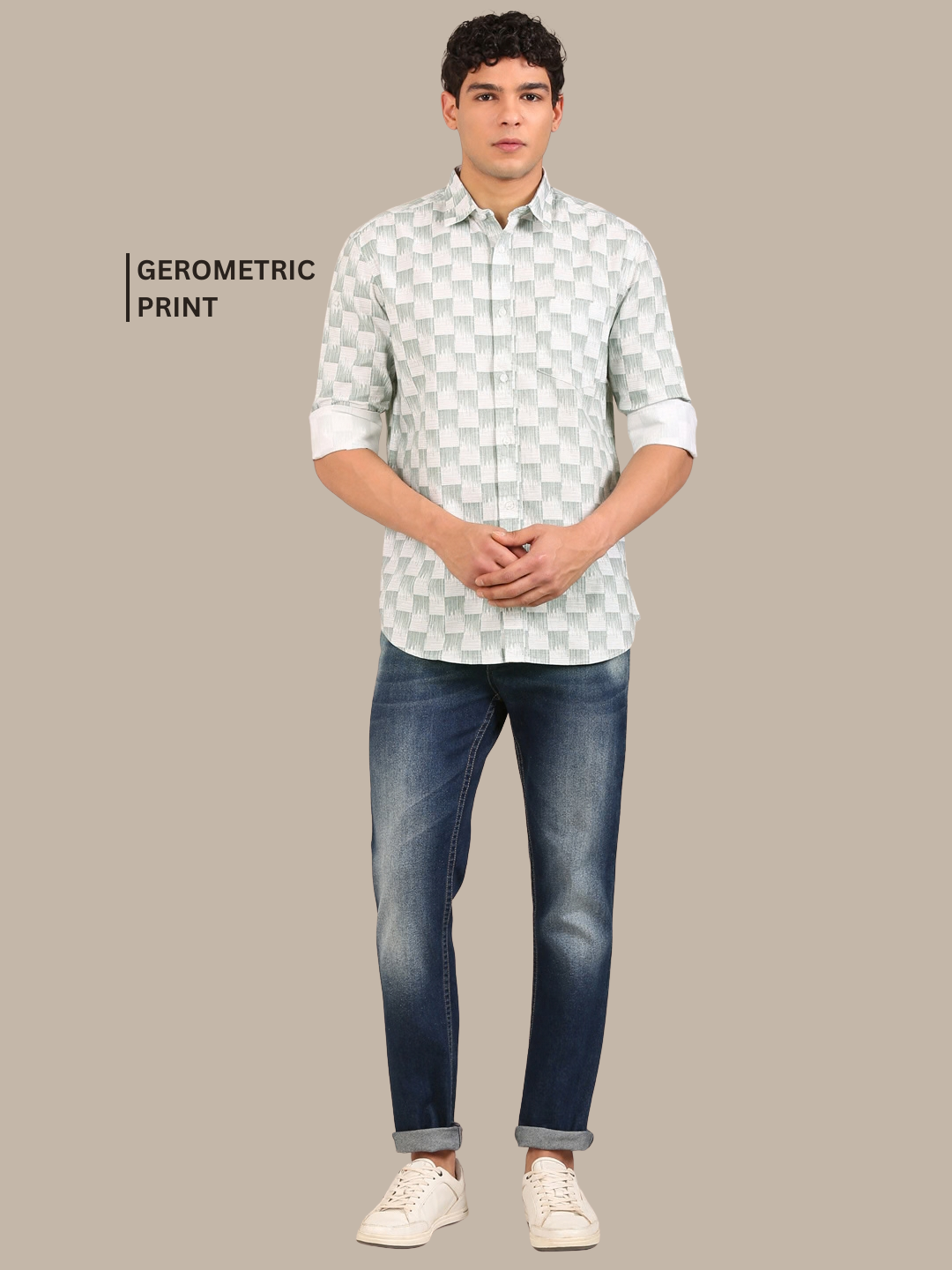 Cotton Oxford Print Shirt: White & Sage Green