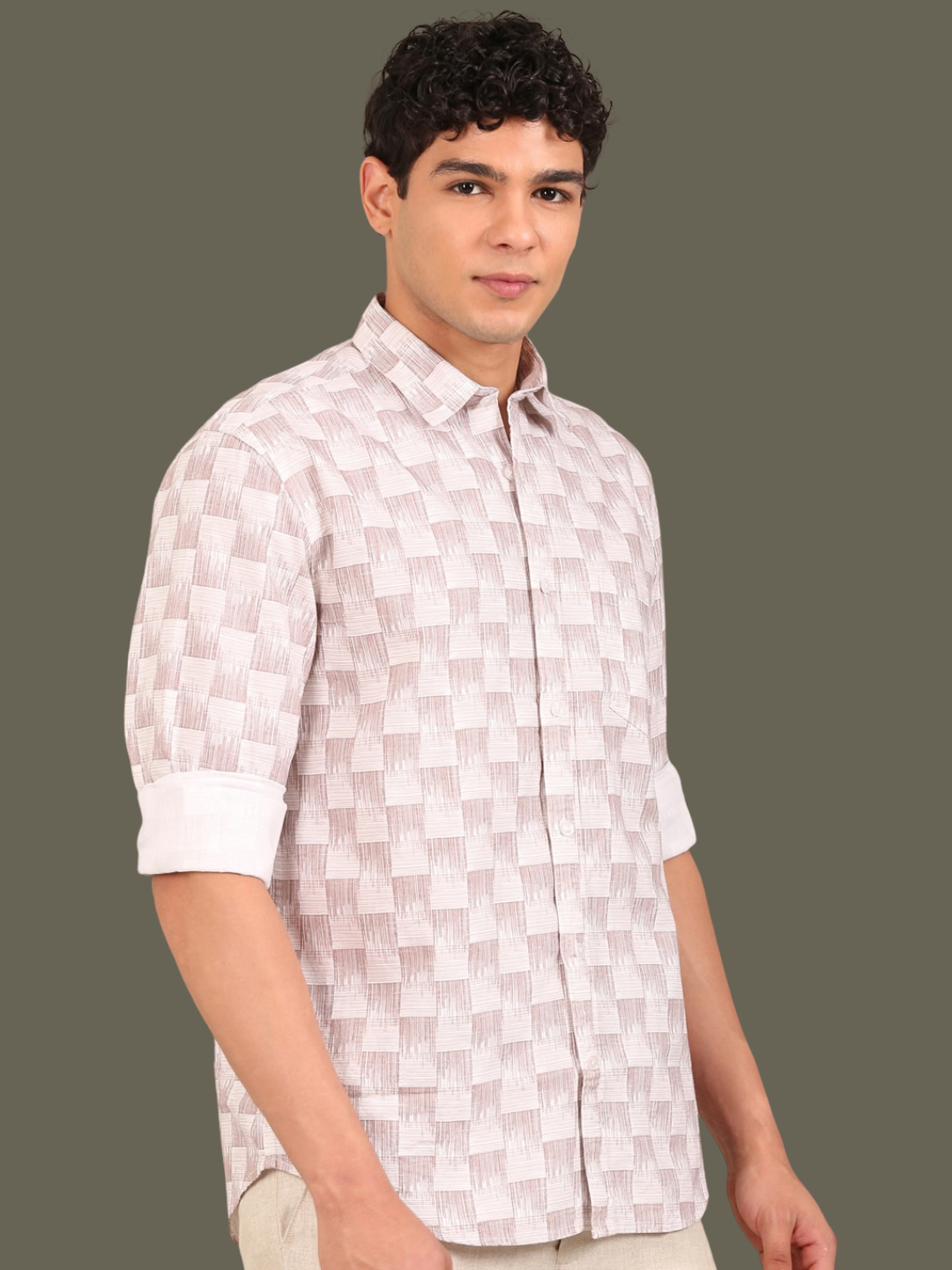 Cotton Oxford Print Shirt: White & Taupe