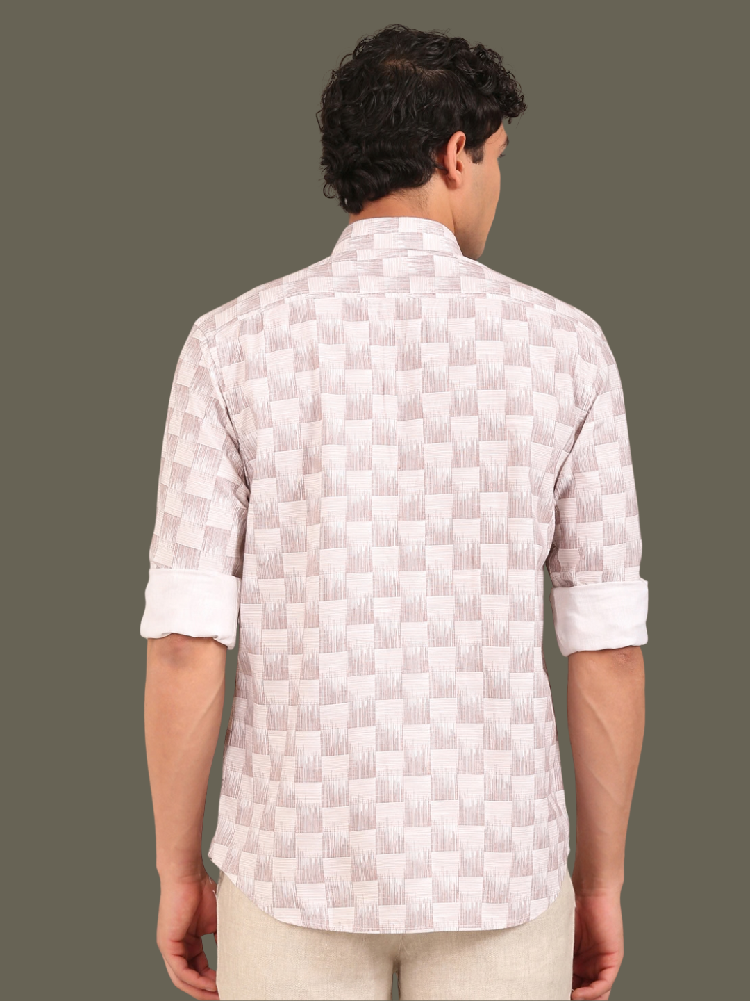 Cotton Oxford Print Shirt: White & Taupe