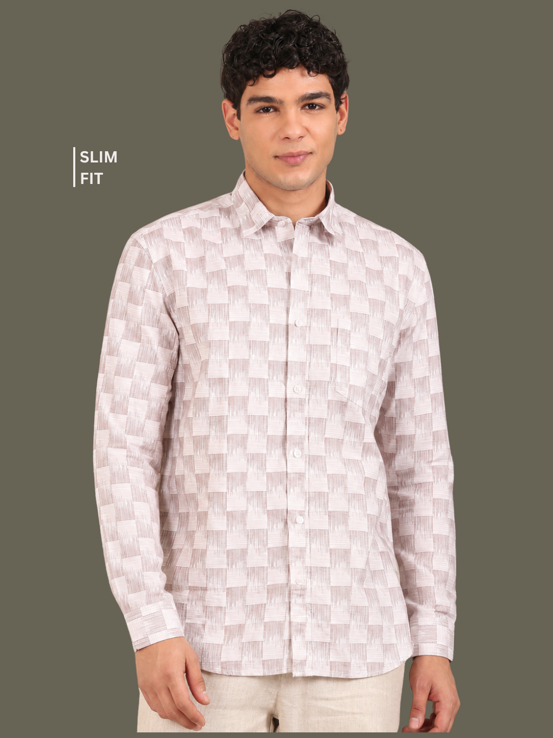 Cotton Oxford Print Shirt: White & Taupe