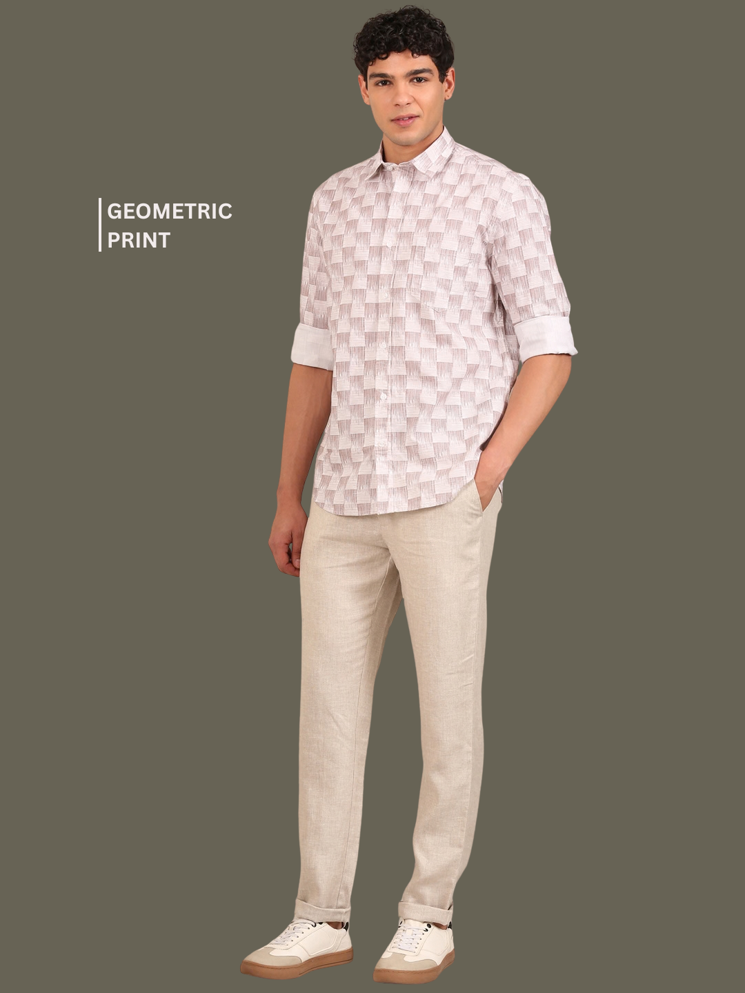 Cotton Oxford Print Shirt: White & Taupe
