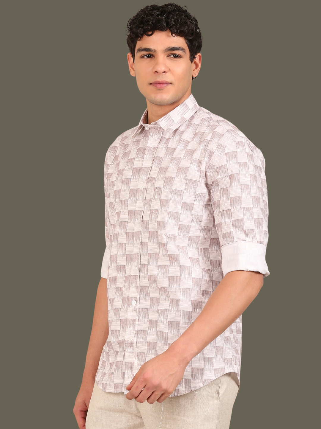 Cotton Oxford Print Shirt: White & Taupe
