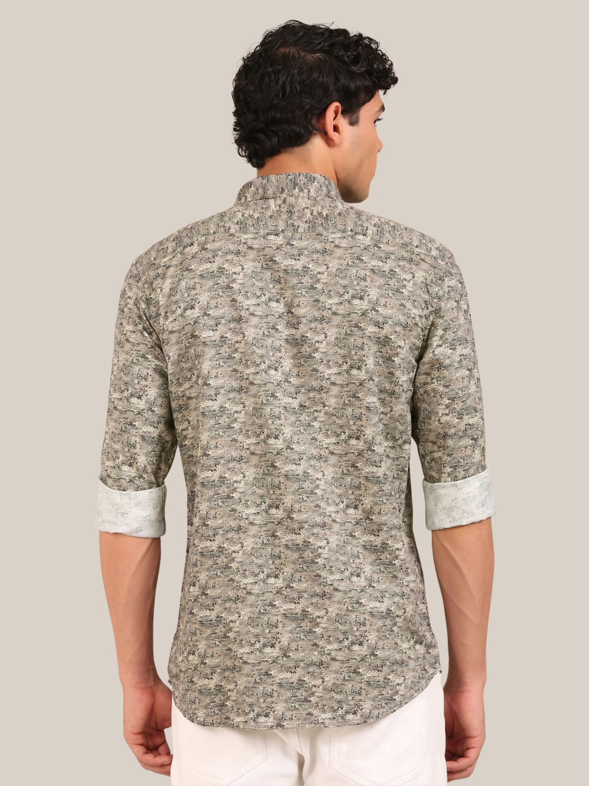 Cotton Satin Abstract Print Shirt: Beige