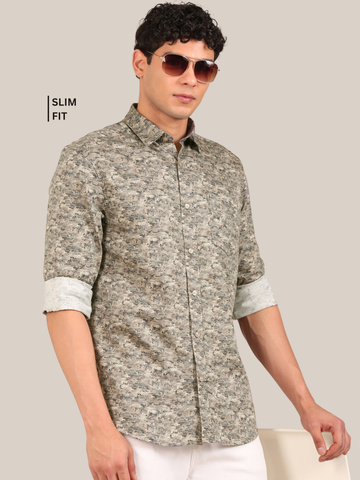 Cotton Satin Abstract Print Shirt: Beige