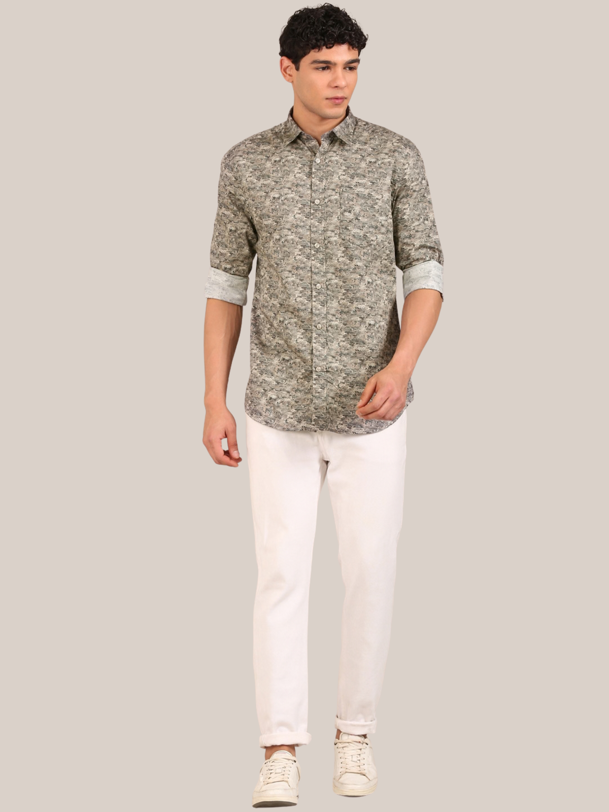 Cotton Satin Abstract Print Shirt: Beige