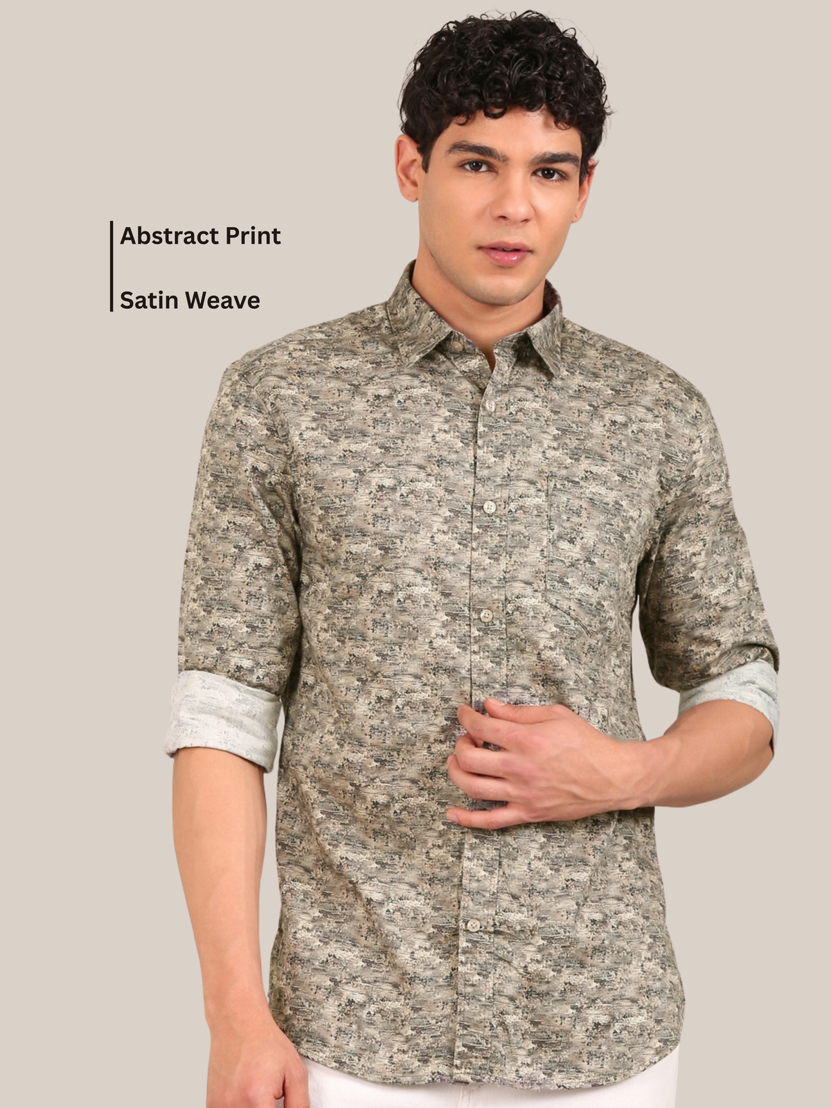 Cotton Satin Abstract Print Shirt: Beige