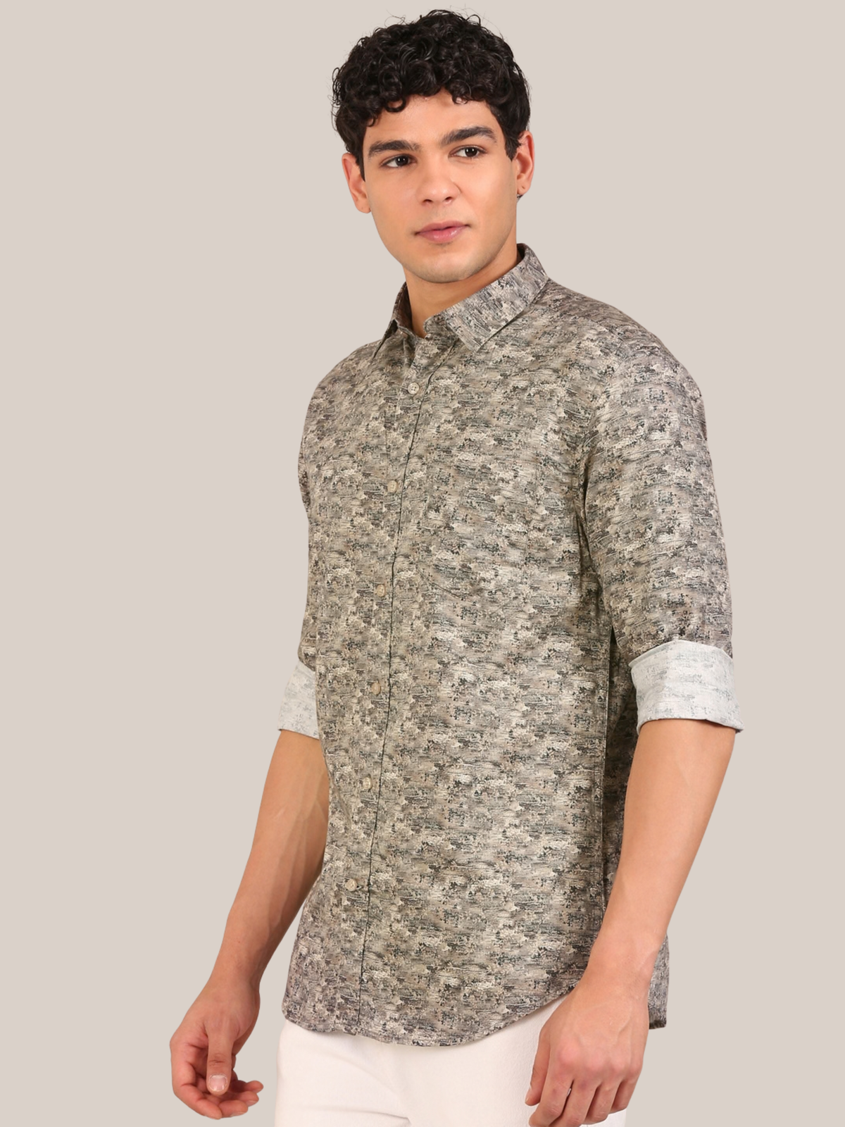 Cotton Satin Abstract Print Shirt: Beige
