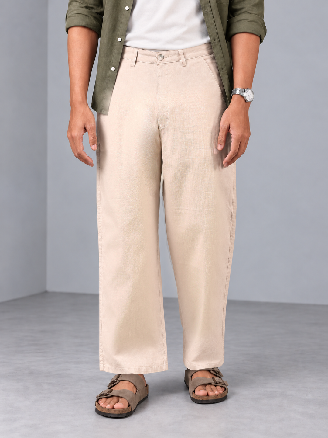 Linen Blend Baggy Pant: Beige