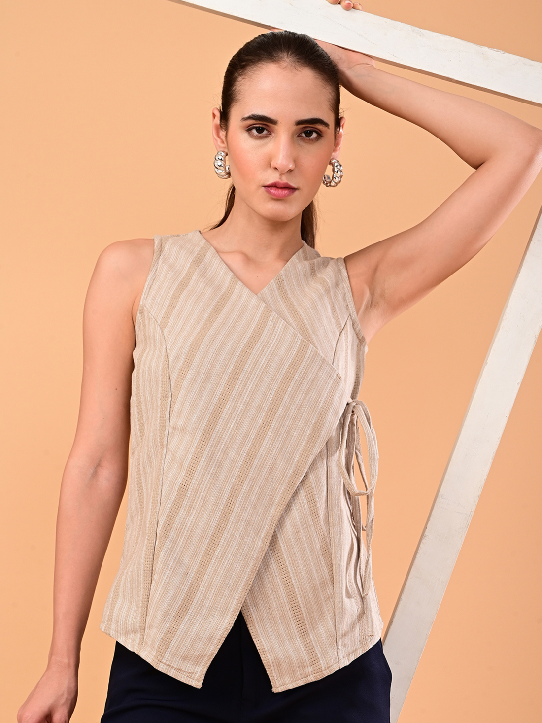 Women’s Beige Striped Tie-Side Wrap Top