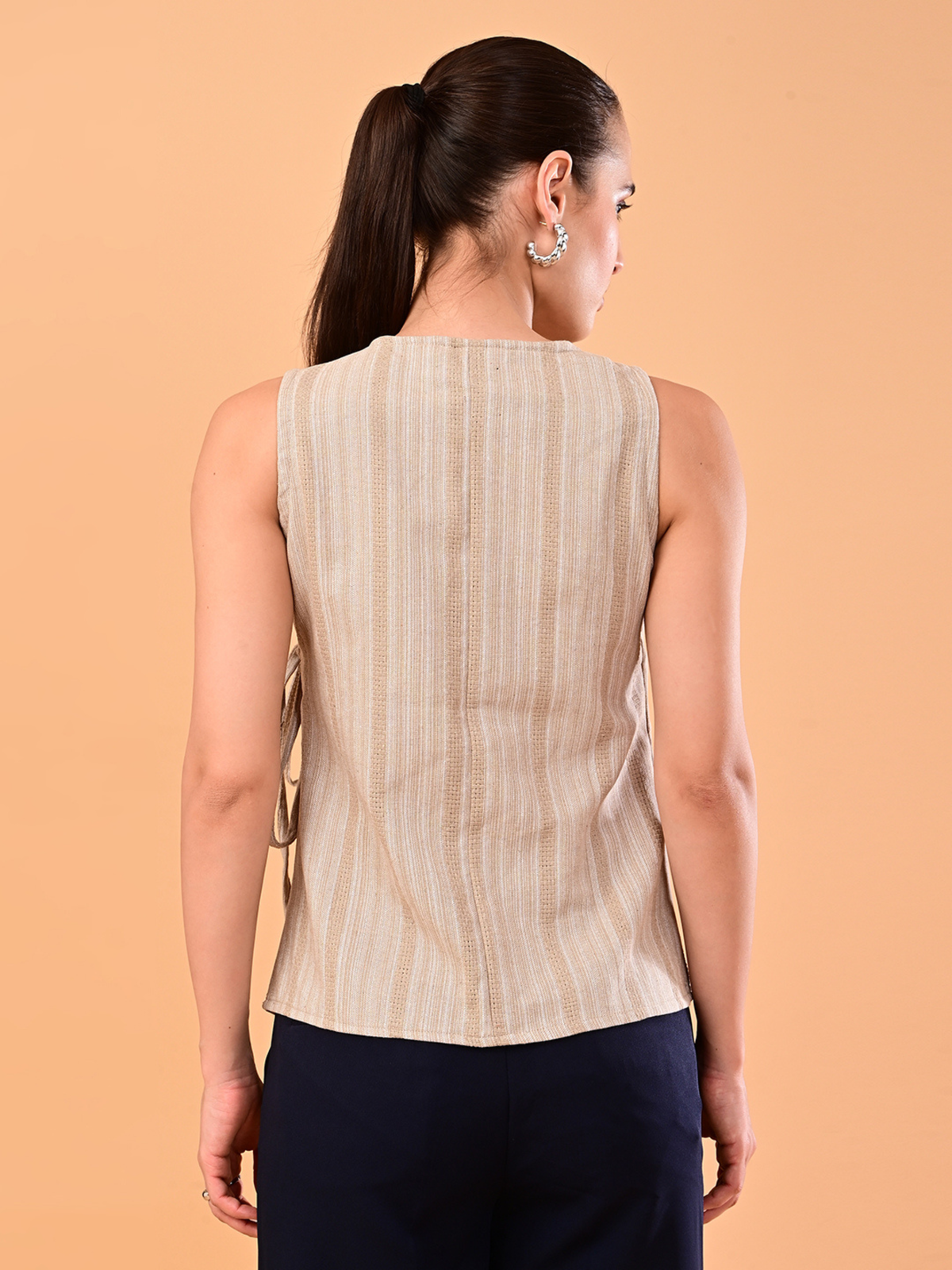 Women’s Beige Striped Tie-Side Wrap Top