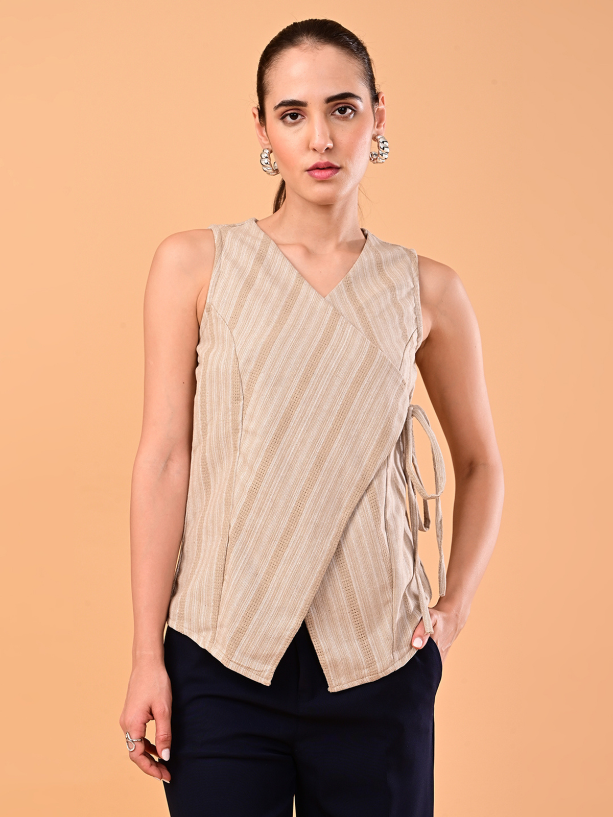 Women’s Beige Striped Tie-Side Wrap Top
