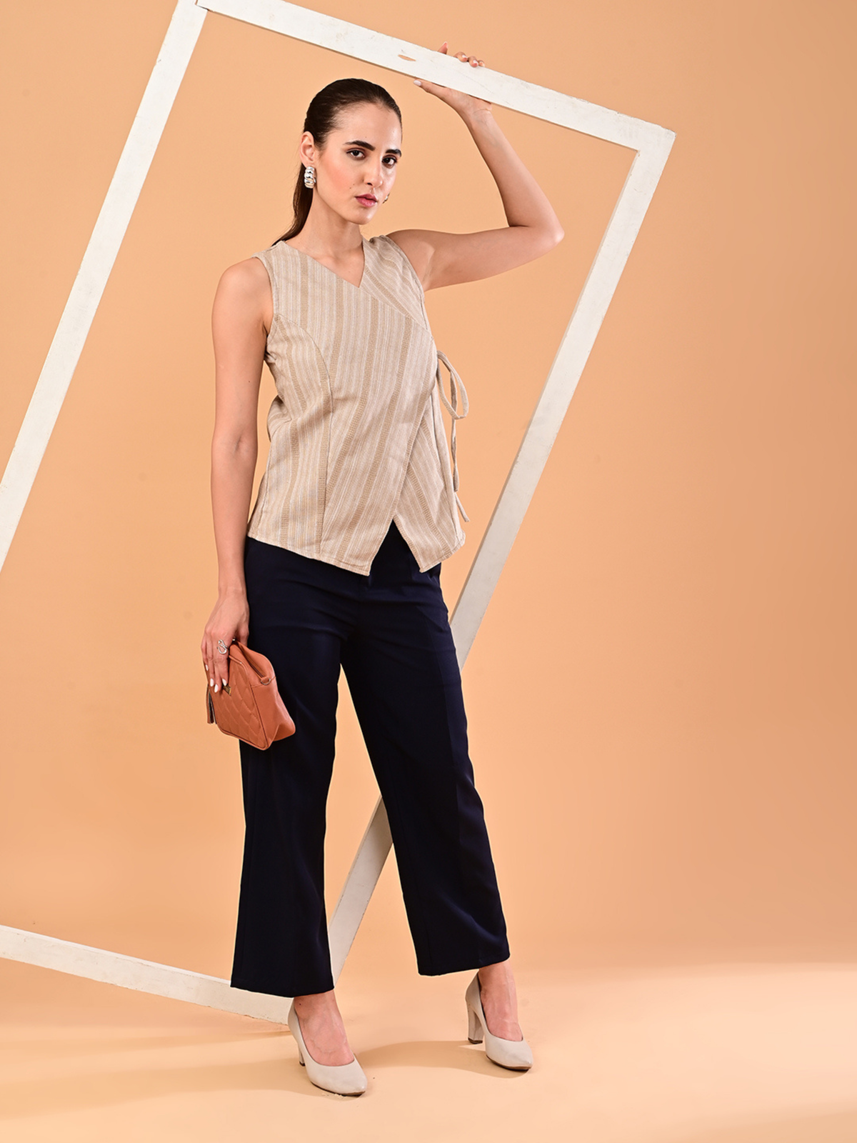 Women’s Beige Striped Tie-Side Wrap Top