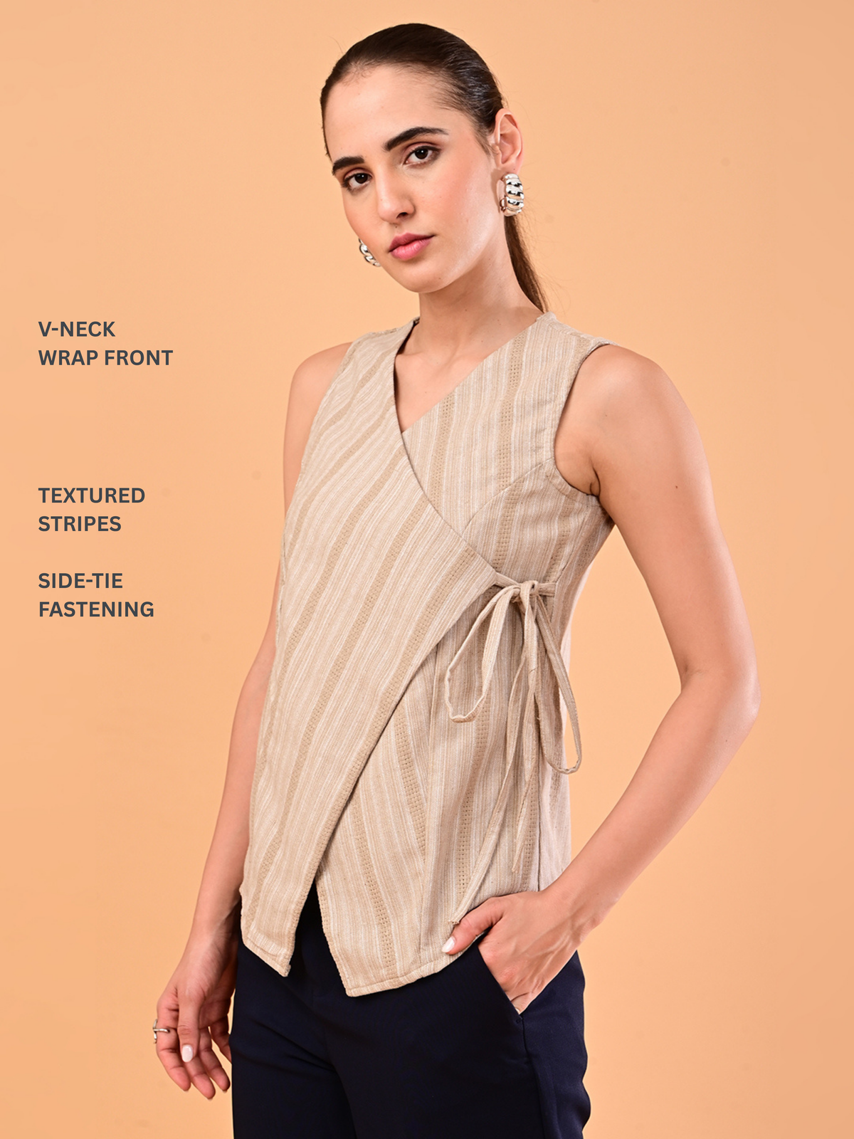 Women’s Beige Striped Tie-Side Wrap Top