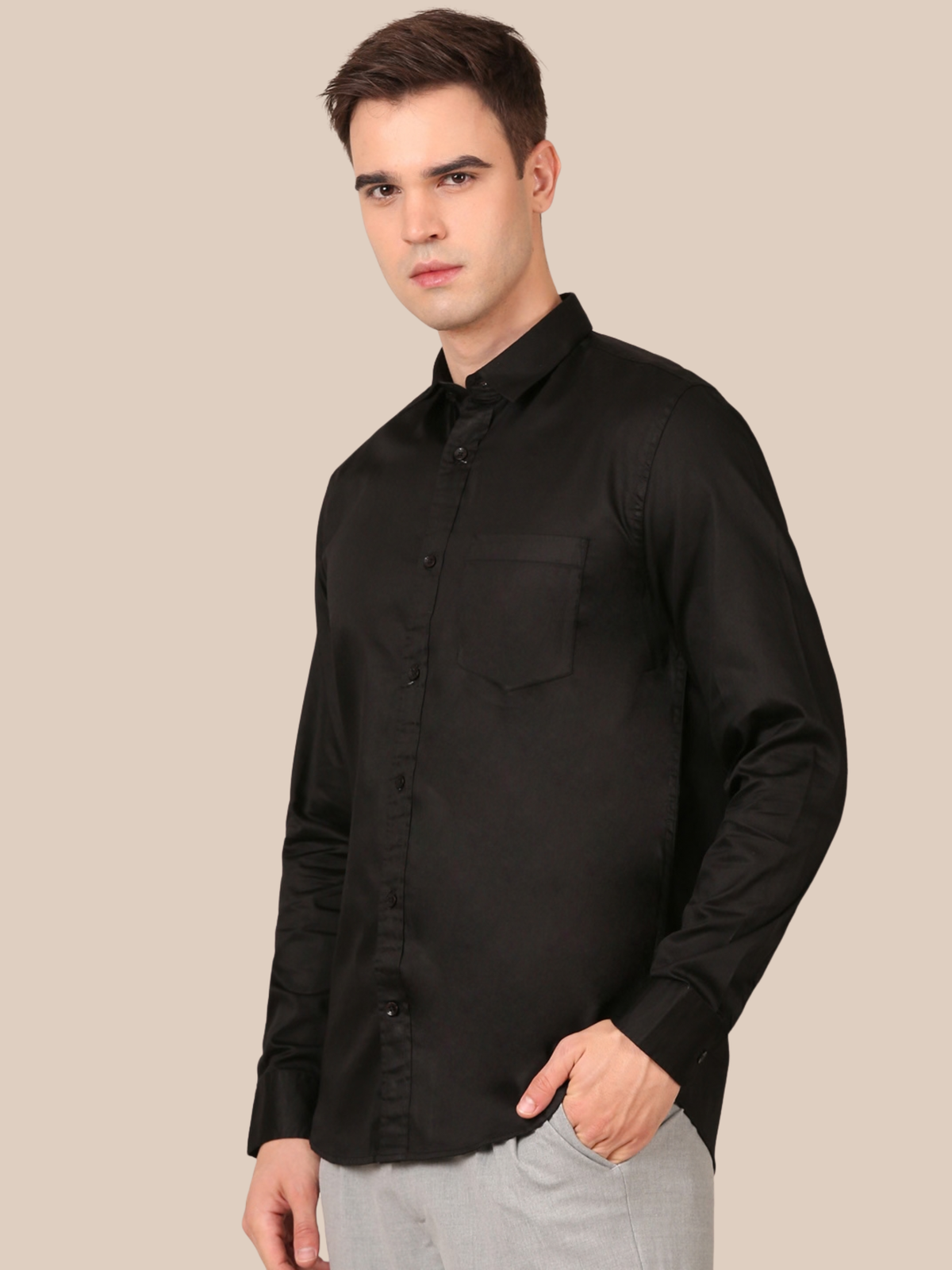 Cotton Satin Solid Shirt: Black