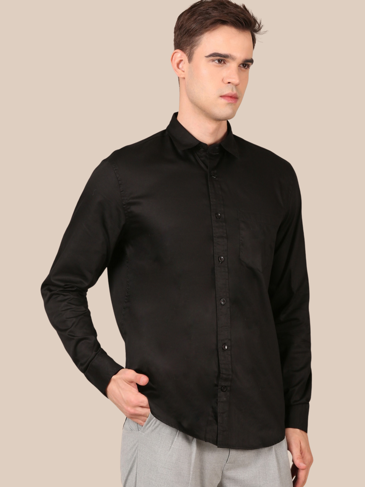 Cotton Satin Solid Shirt: Black