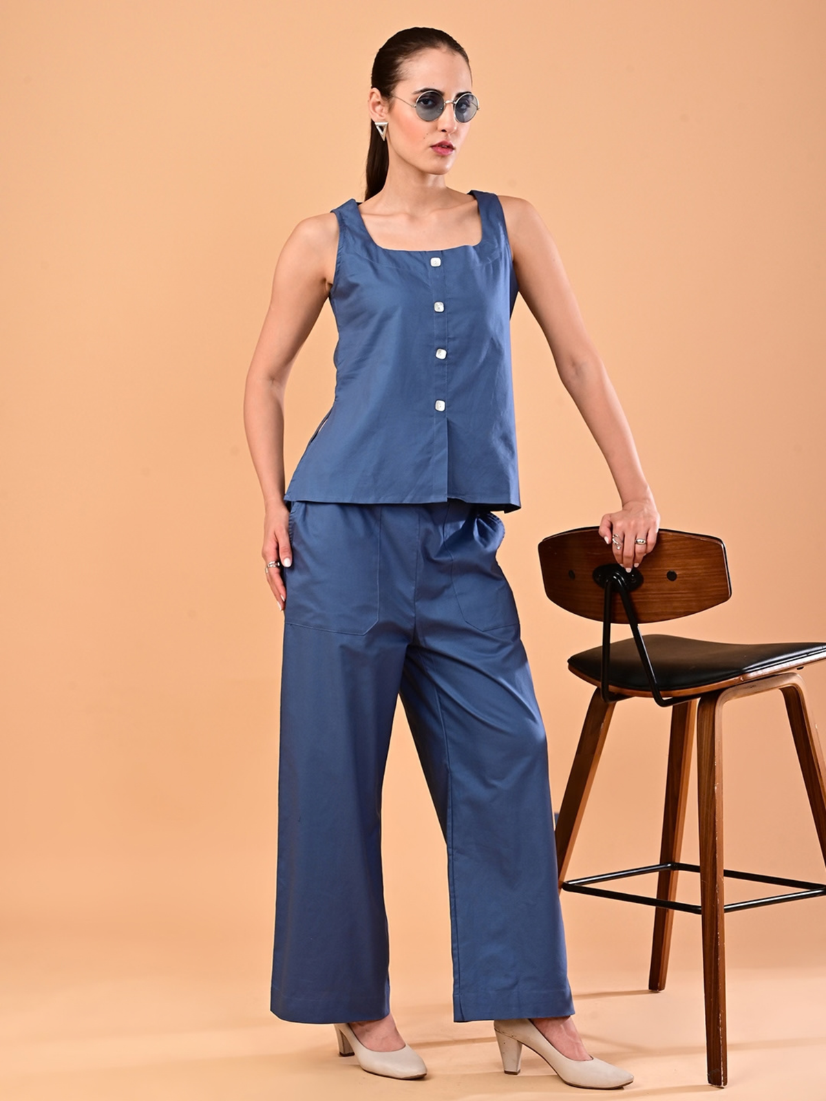Women’s Steel Blue Square-Neck Co-ord Set