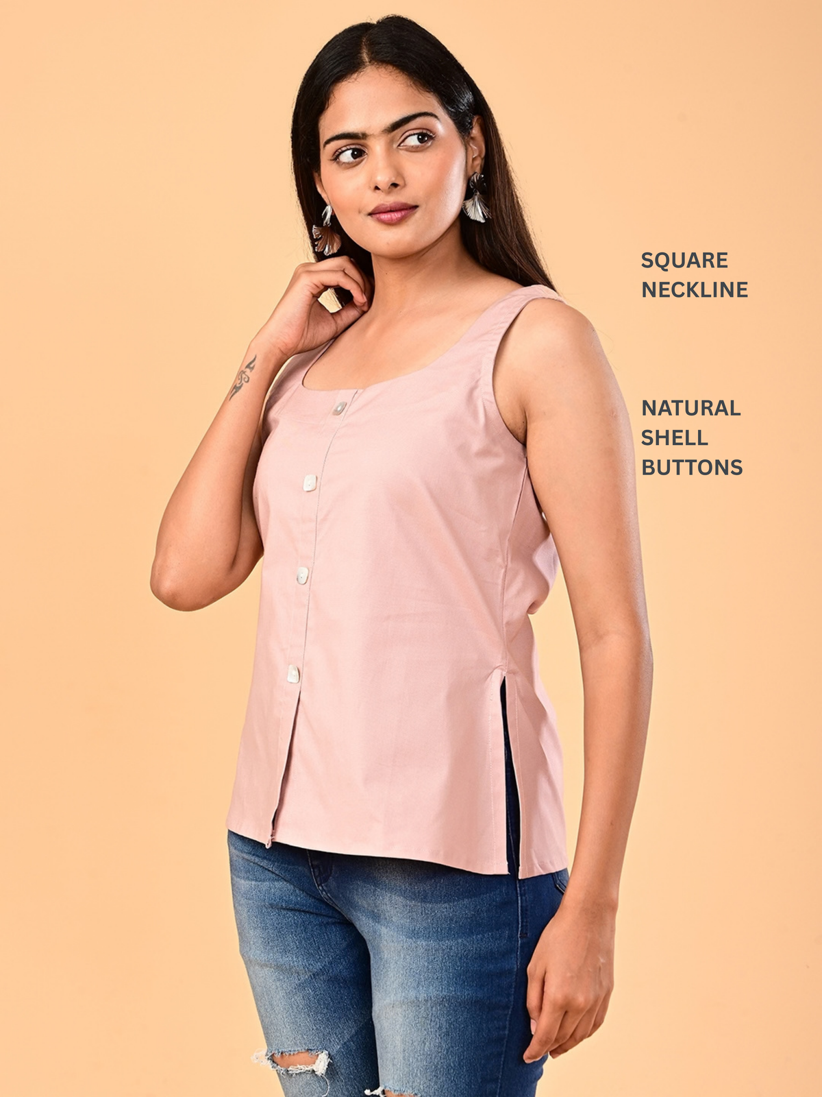 Women’s Blush Pink Square-Neck Top with Natural Shell Buttons