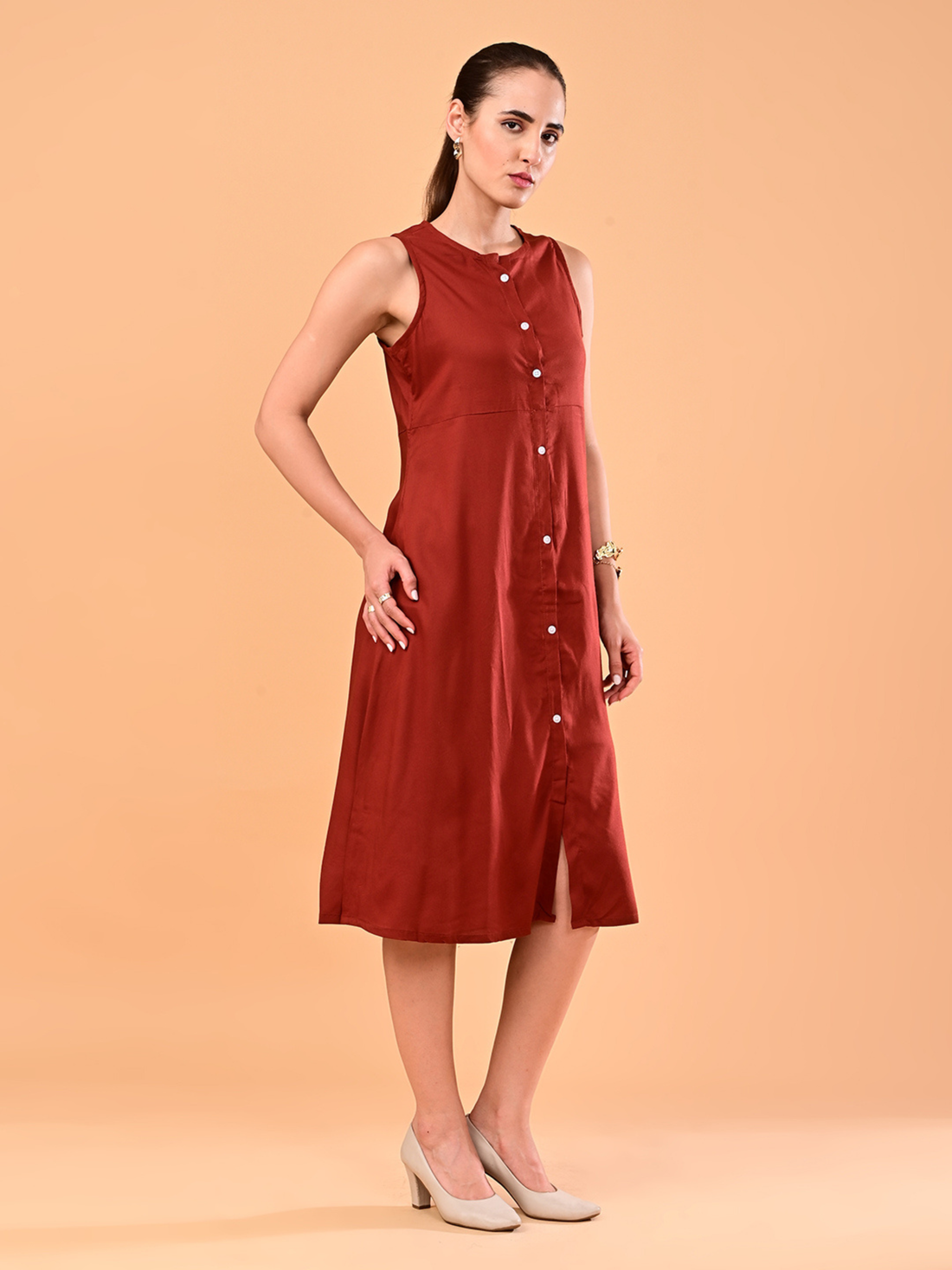 Women’s Brick Red Sleeveless A-Line Midi Dress