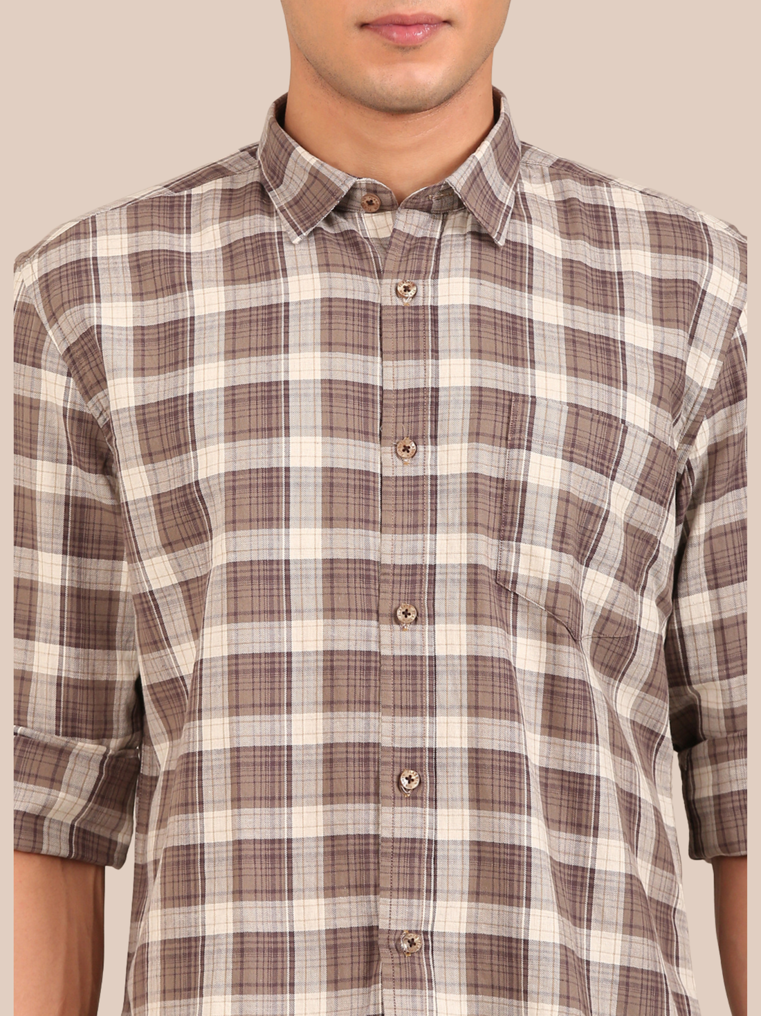 Cotton Checks Shirt: Taupe Brown & Cream