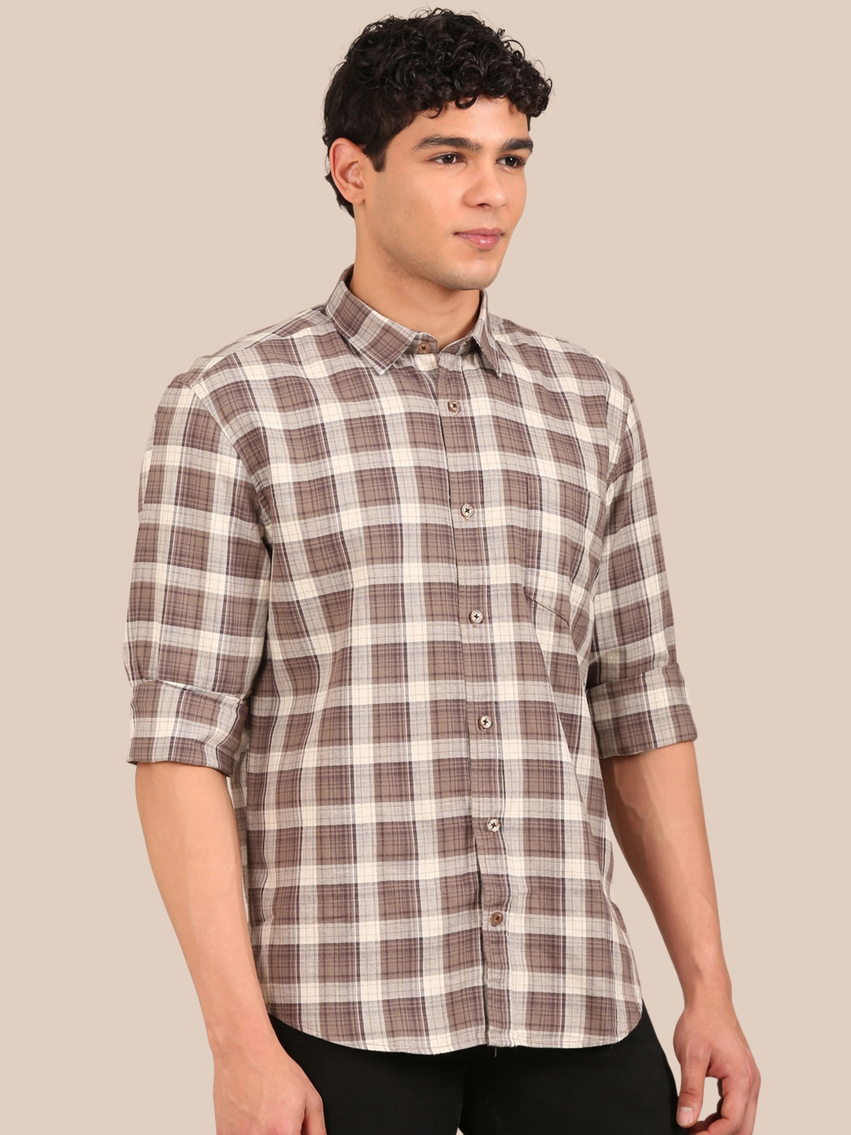 Cotton Checks Shirt: Taupe Brown & Cream