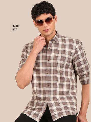 Cotton Checks Shirt: Taupe Brown & Cream