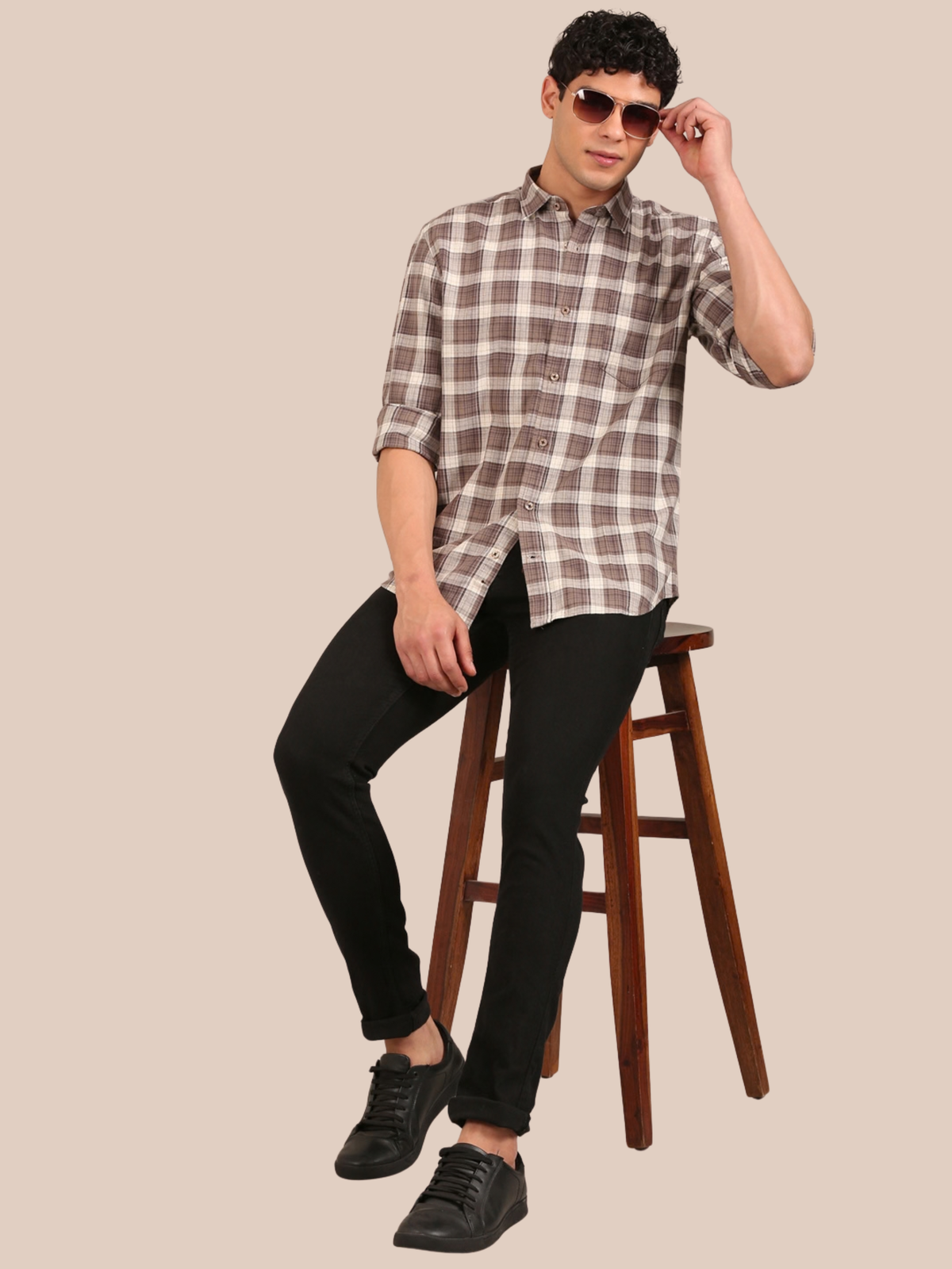 Cotton Checks Shirt: Taupe Brown & Cream