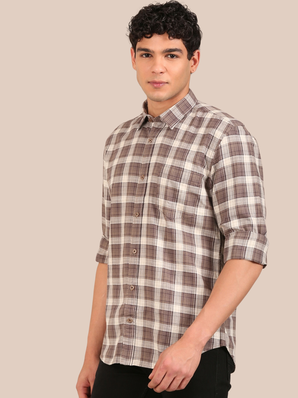 Cotton Checks Shirt: Taupe Brown & Cream