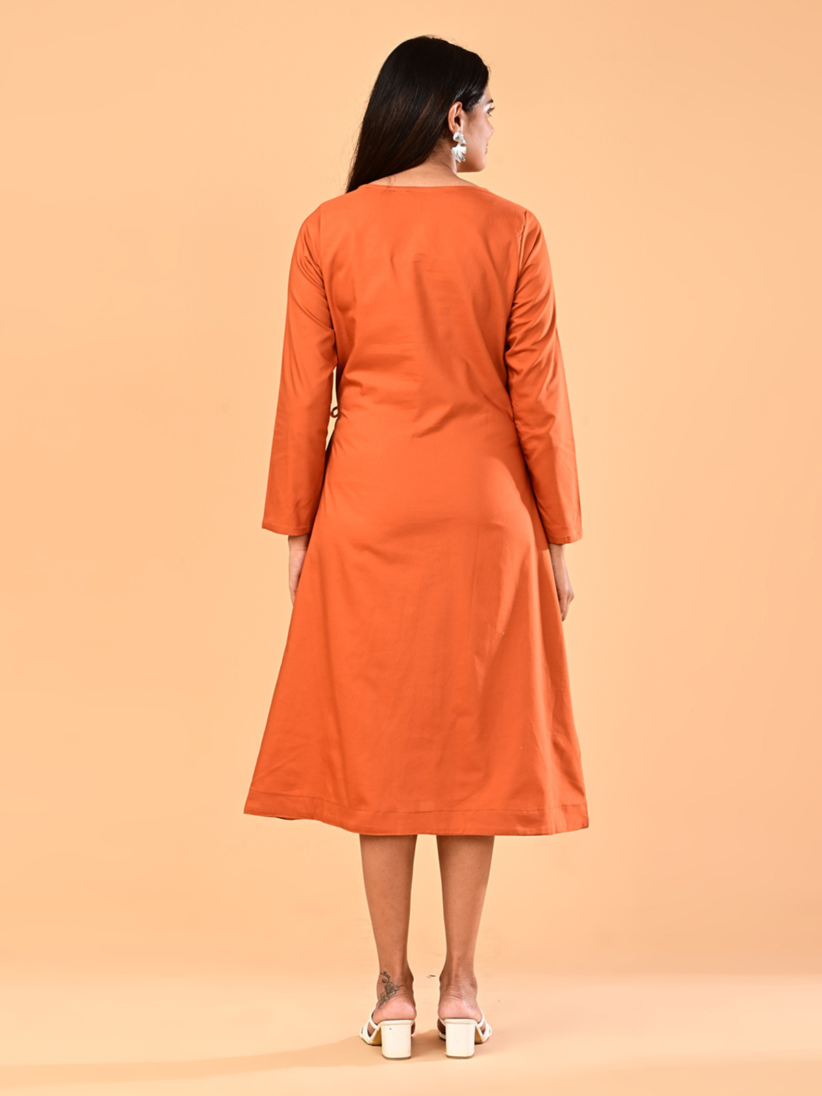 Women’s Burnt Orange Long-Sleeve Tie-Waist Midi Dress