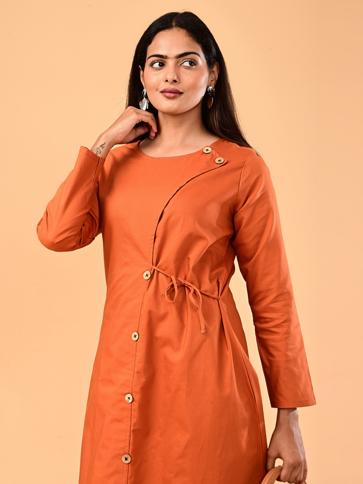 Women’s Burnt Orange Long-Sleeve Tie-Waist Midi Dress