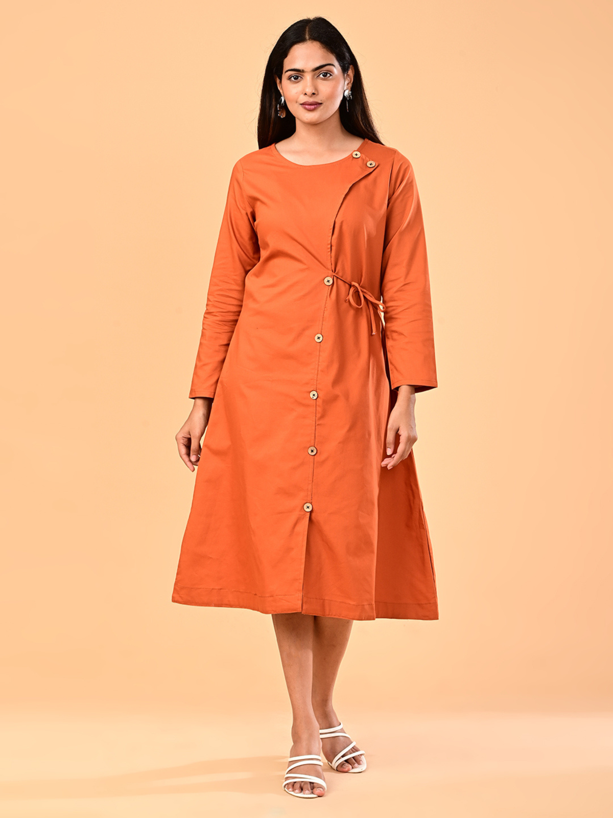 Women’s Burnt Orange Long-Sleeve Tie-Waist Midi Dress