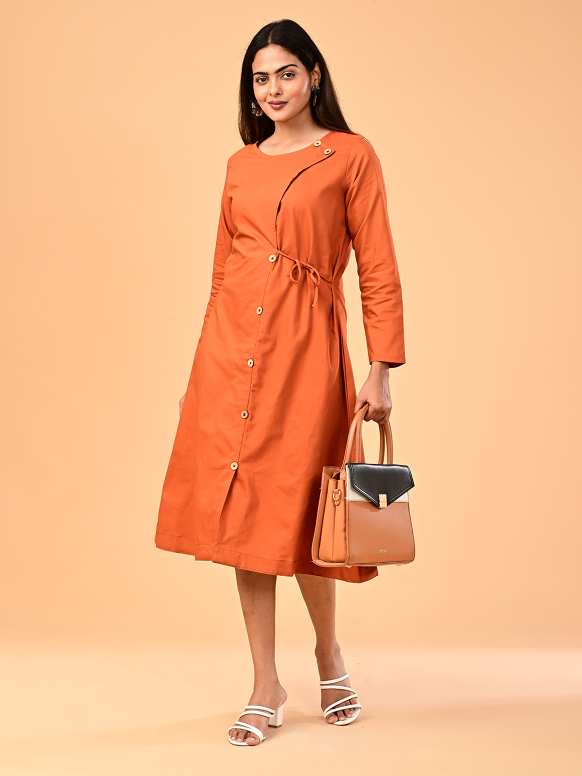 Women’s Burnt Orange Long-Sleeve Tie-Waist Midi Dress