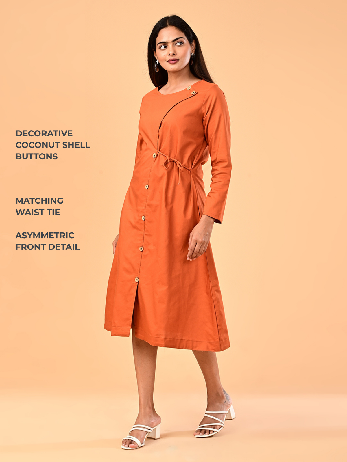 Women’s Burnt Orange Long-Sleeve Tie-Waist Midi Dress
