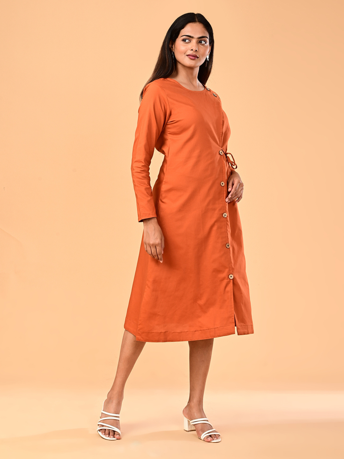 Women’s Burnt Orange Long-Sleeve Tie-Waist Midi Dress